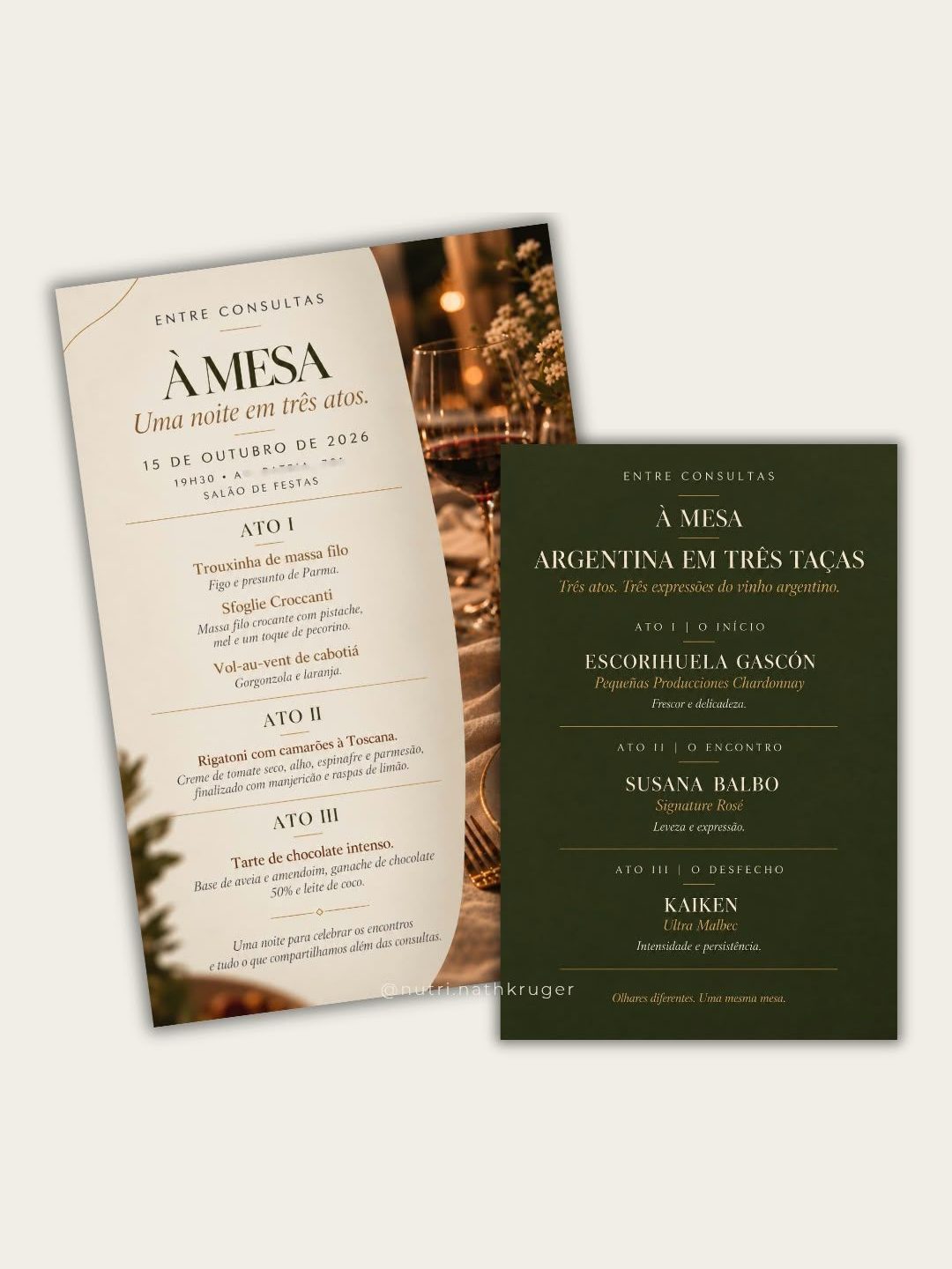 Convite e menu do À Mesa: uma noite em três atos